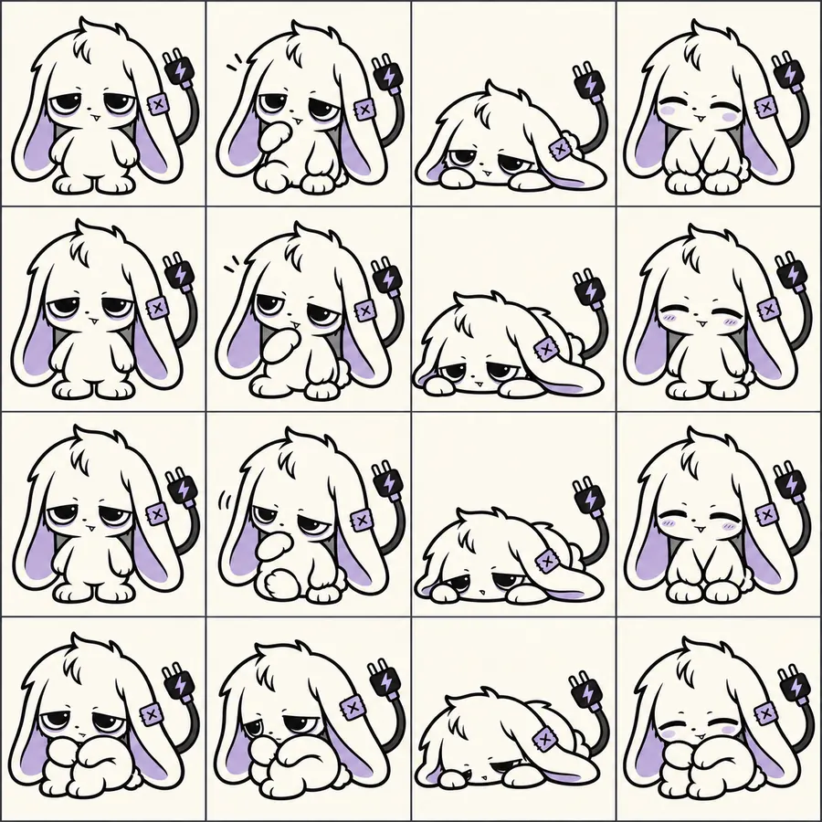 sixteen small drawings of LOWBAT: standing, yawning, lying flat, smiling with eyes closed