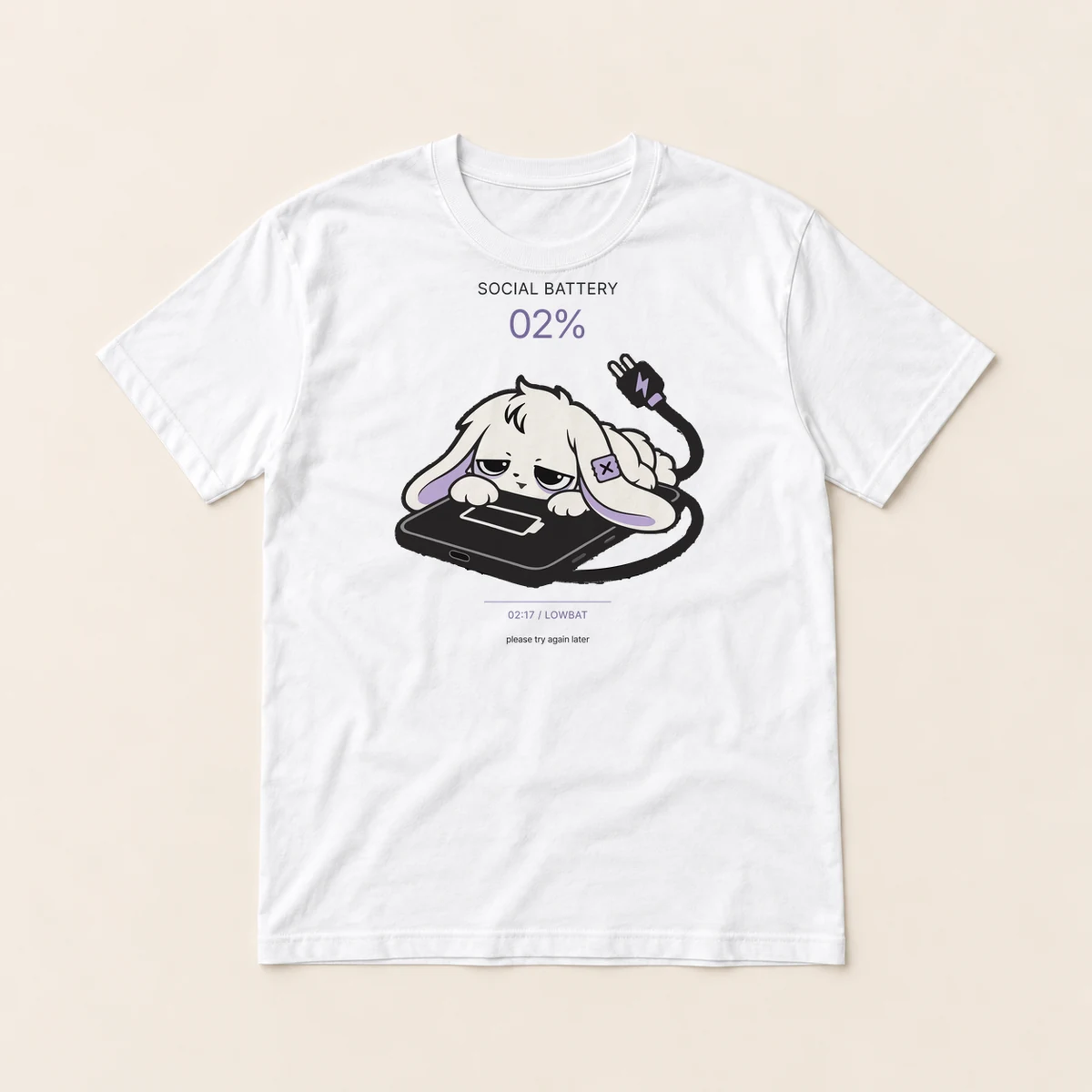 White tee flat lay with the LOWBAT 02% graphic on the front